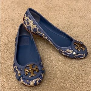 Tory Burch blue leopard weeded flats